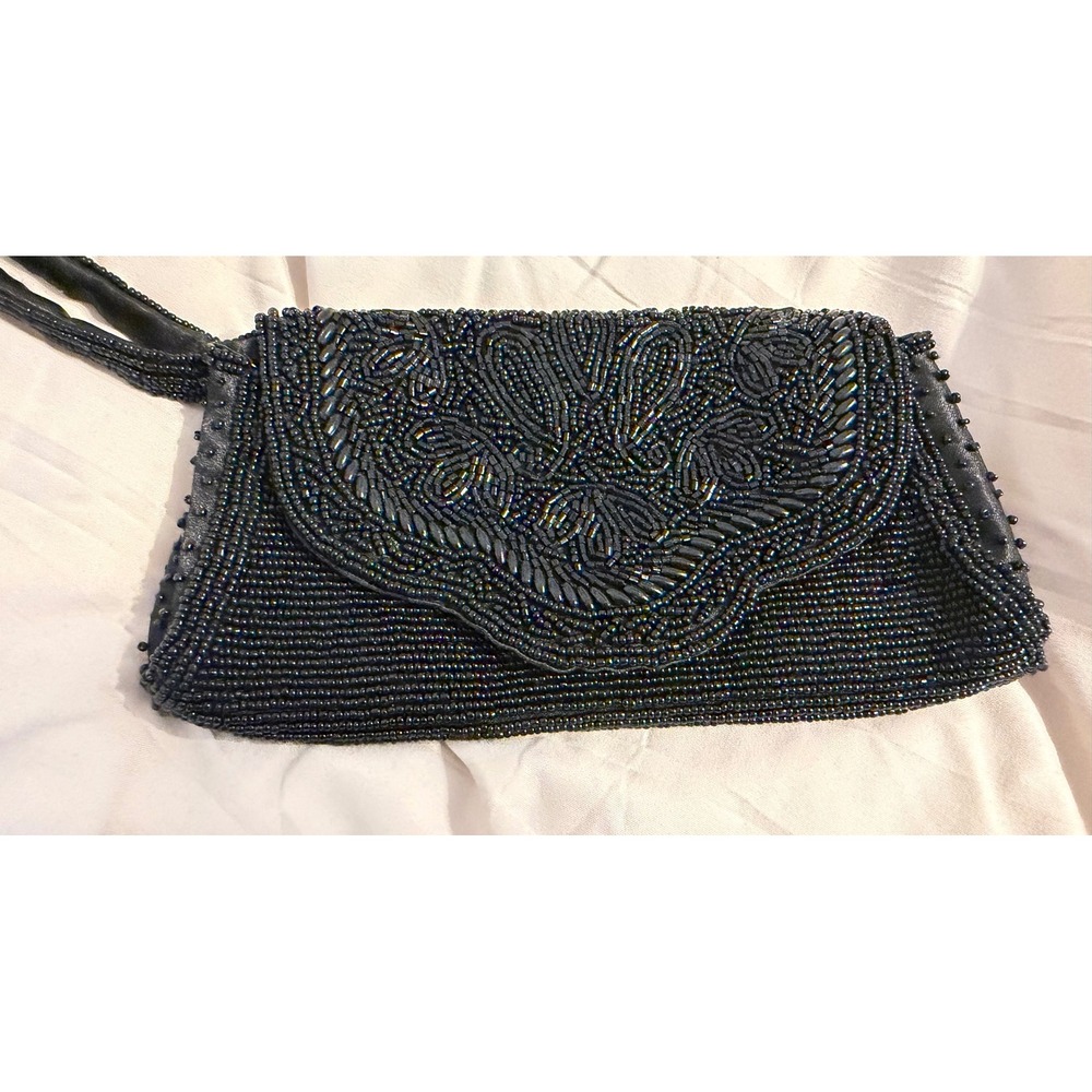 F&F Black Beaded Wristlet Clutch Bag Floral Paisley Evening Handbag